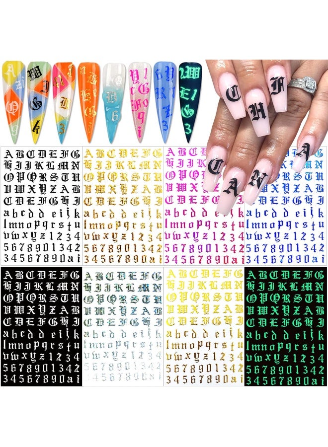 Letter Nail Art Stickers Number Nail Decals Nail Art Supplies Old English Alphabet Nail Sticker Designs Holographic English Font Letters Stickers For Acrylic Nails Decorations 8 Sheets