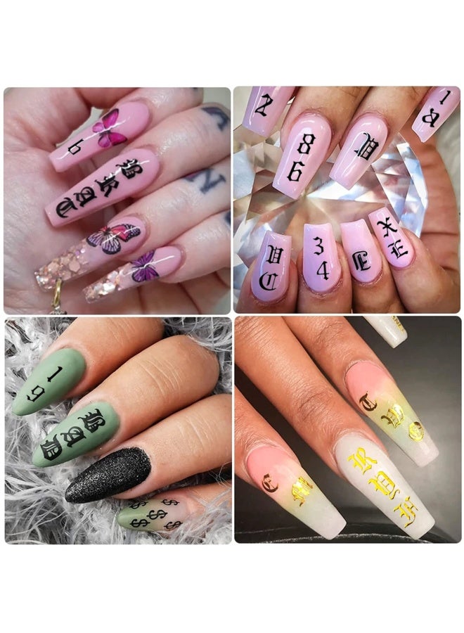 Letter Nail Art Stickers Number Nail Decals Nail Art Supplies Old English Alphabet Nail Sticker Designs Holographic English Font Letters Stickers For Acrylic Nails Decorations 8 Sheets