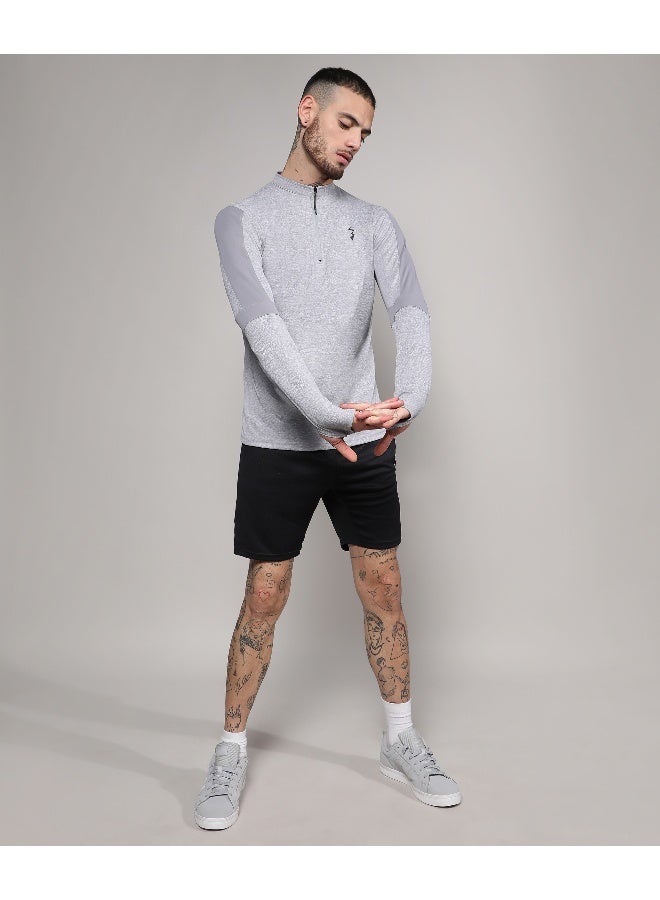 Men's Light Grey Heathered Self-Design Activewear T-Shirt