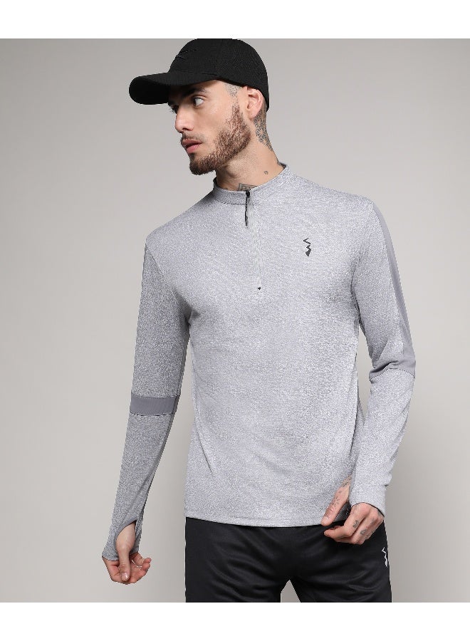 Men's Light Grey Heathered Self-Design Activewear T-Shirt