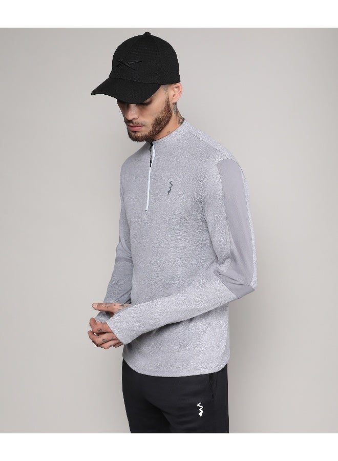 Men's Light Grey Heathered Self-Design Activewear T-Shirt