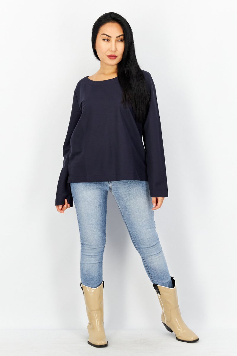 Women Scoop Neck Long Sleeve Sweatshirt, Navy Blue