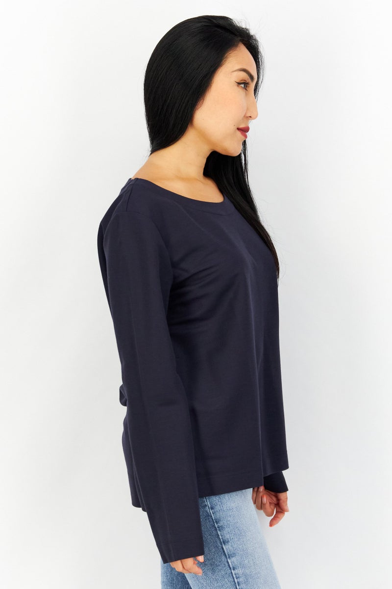 Women Scoop Neck Long Sleeve Sweatshirt, Navy Blue