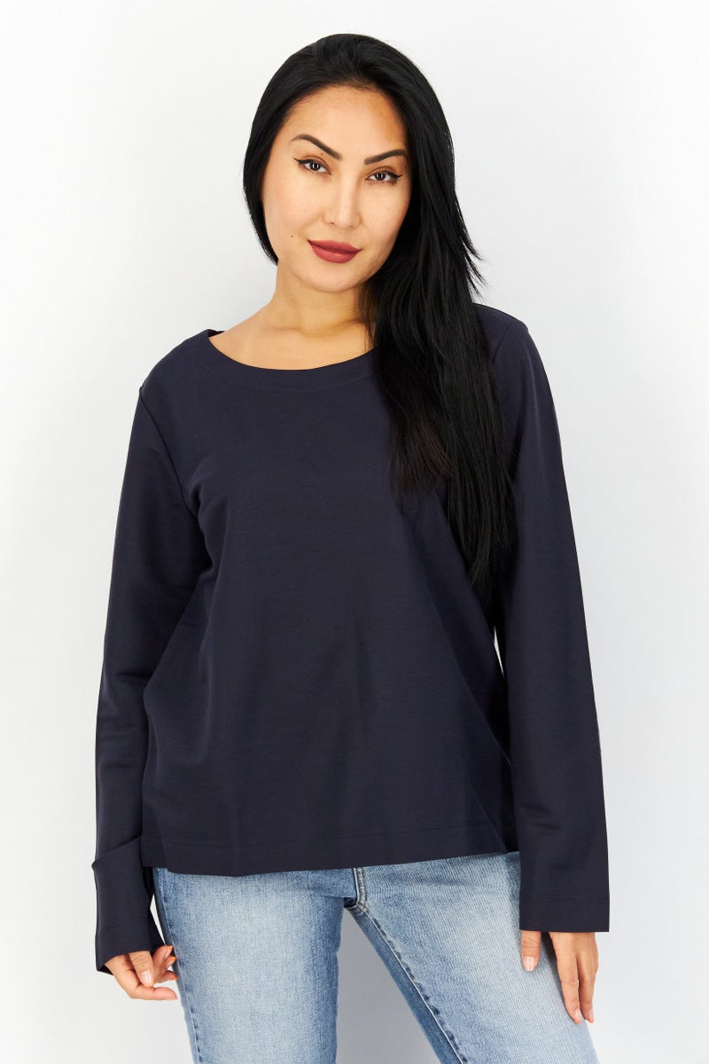 Women Scoop Neck Long Sleeve Sweatshirt, Navy Blue