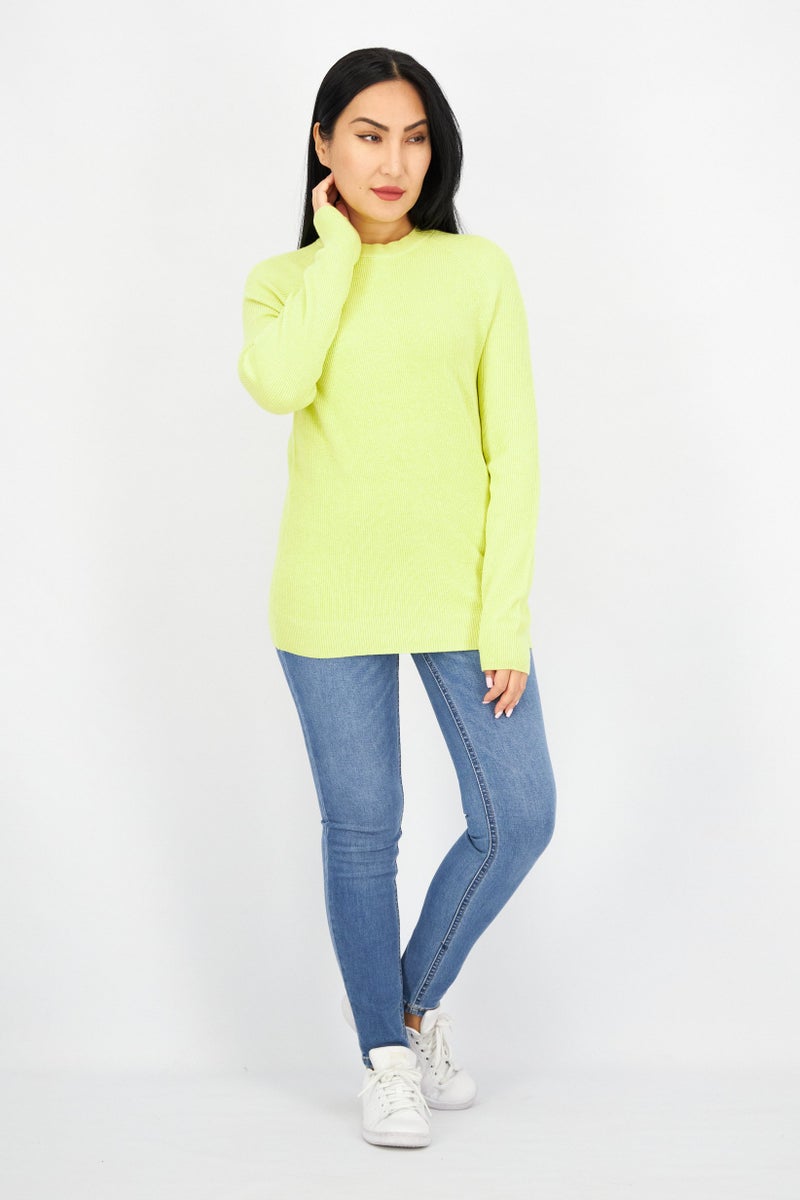 Women Crew Neck Long Sleeve Textured Sweatshirt, Lime Green