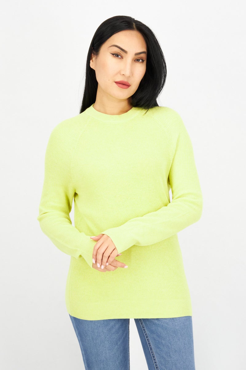 Women Crew Neck Long Sleeve Textured Sweatshirt, Lime Green