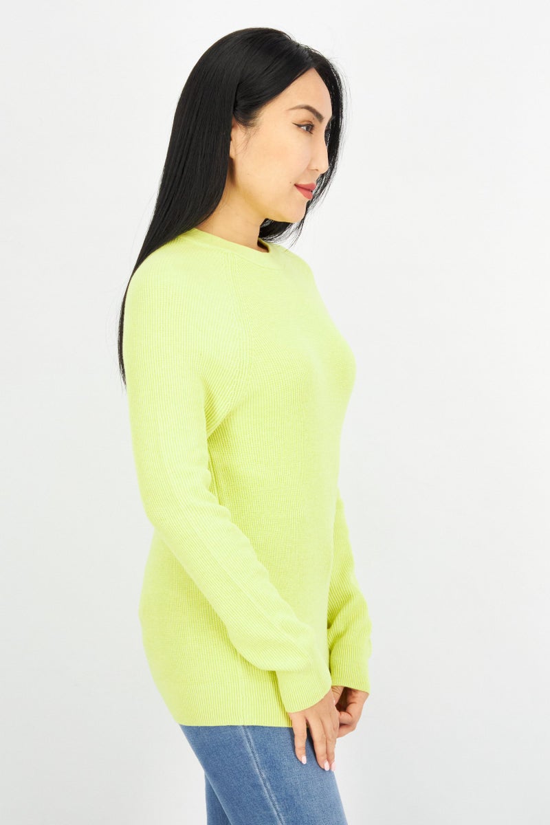 Women Crew Neck Long Sleeve Textured Sweatshirt, Lime Green