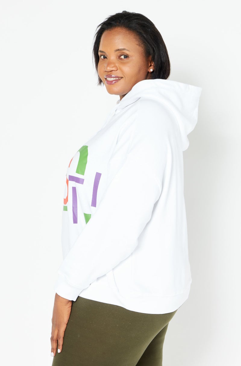 Women Hooded Neckline Long Sleeve Graphic Printed Sweatshirt, White