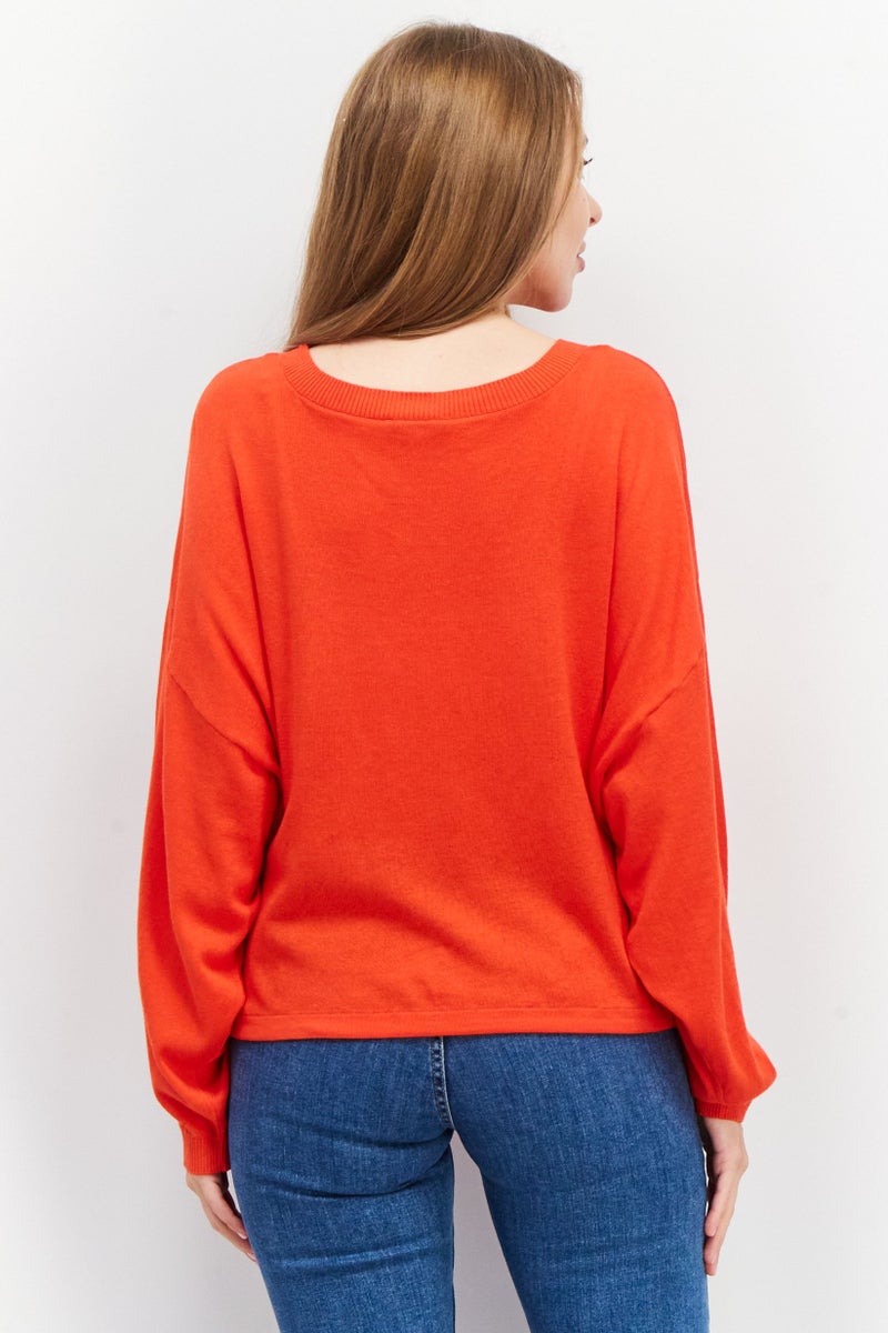 Women Round Neck Solid Sweatshirt, Red