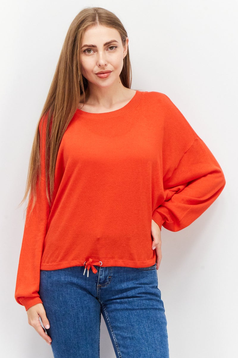 Women Round Neck Solid Sweatshirt, Red