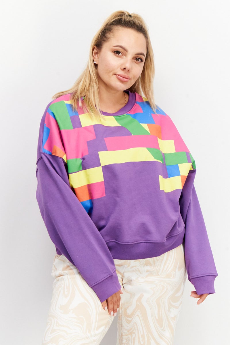 Women Crew Neck Long Sleeve Colorblock Sweatshirt, Purple Combo