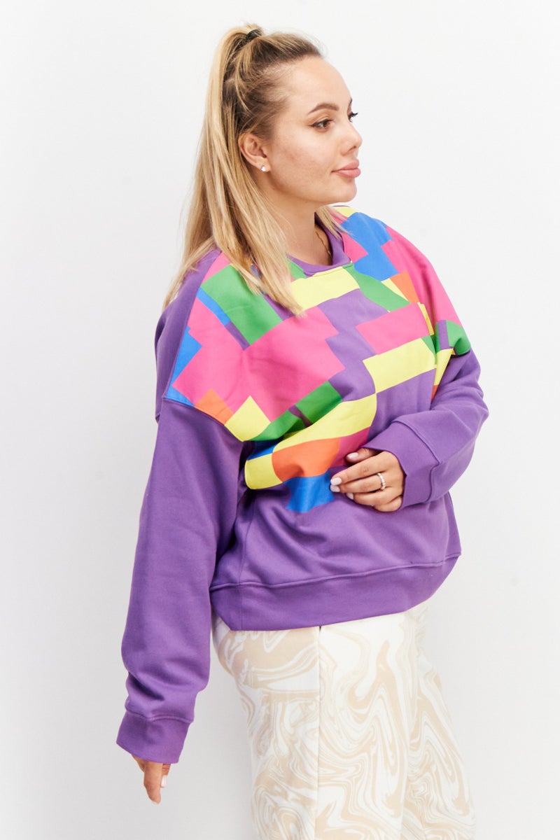 Women Crew Neck Long Sleeve Colorblock Sweatshirt, Purple Combo