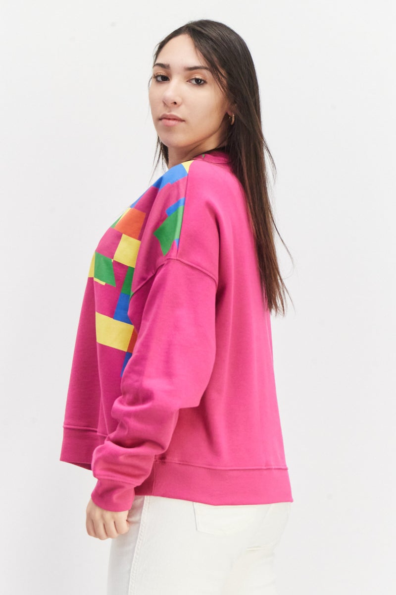 Women Crew Neck Long Sleeve Colorblock Sweatshirt, Pink Combo