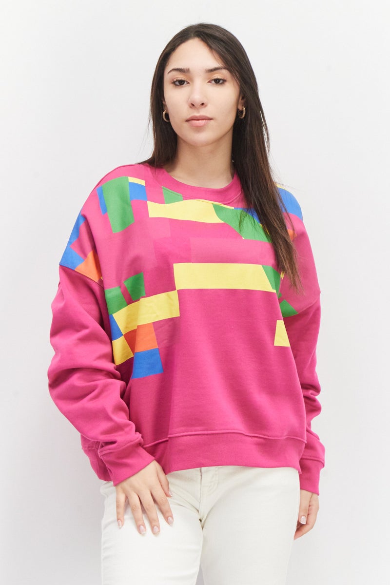 Women Crew Neck Long Sleeve Colorblock Sweatshirt, Pink Combo