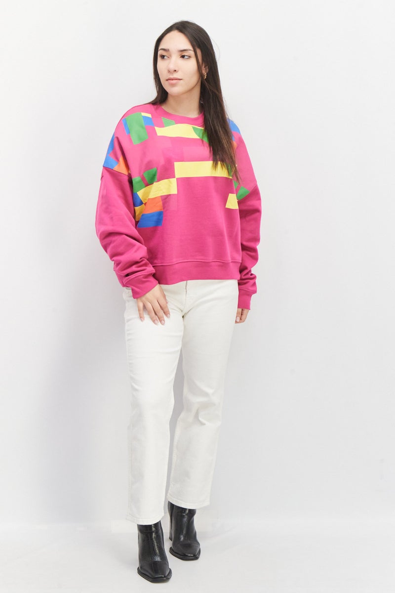 Women Crew Neck Long Sleeve Colorblock Sweatshirt, Pink Combo