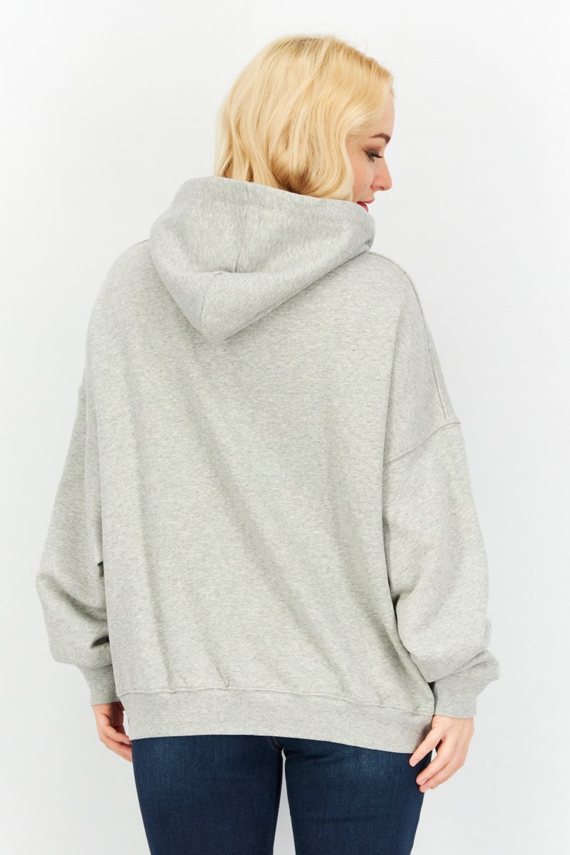 Women Drawstring Hooded Graphic Print Sweatshirt, Grey