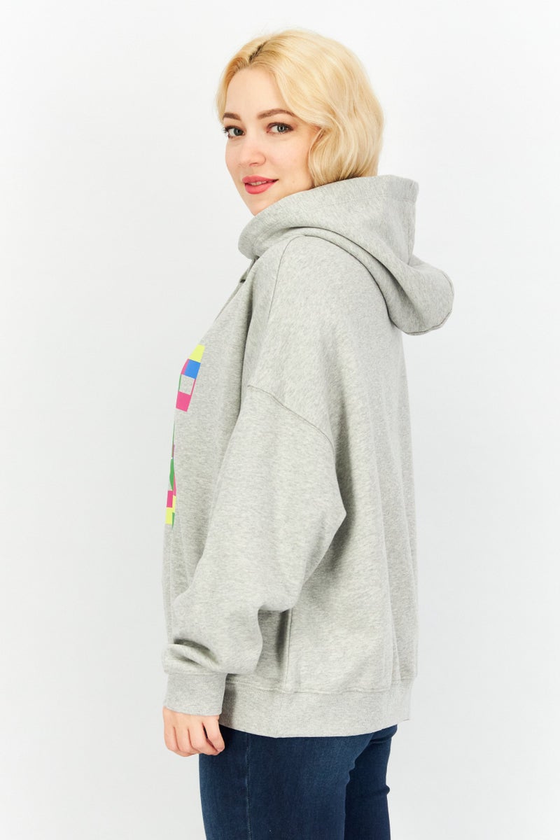 Women Drawstring Hooded Graphic Print Sweatshirt, Grey