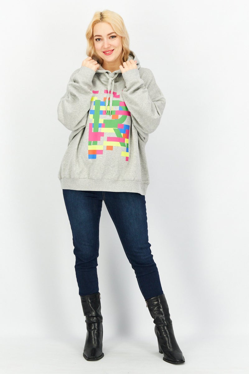 Women Drawstring Hooded Graphic Print Sweatshirt, Grey