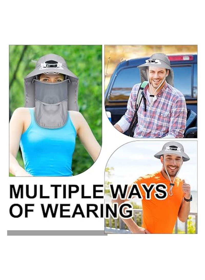 Solar-Powered Fan Sun Hat, Wide Brim Outdoor UPF 50+ Protection with Detachable Neck Flap & Face Mask for Men & Women - Ideal for Fishing, Travel, Camping & UV Defense, Grey