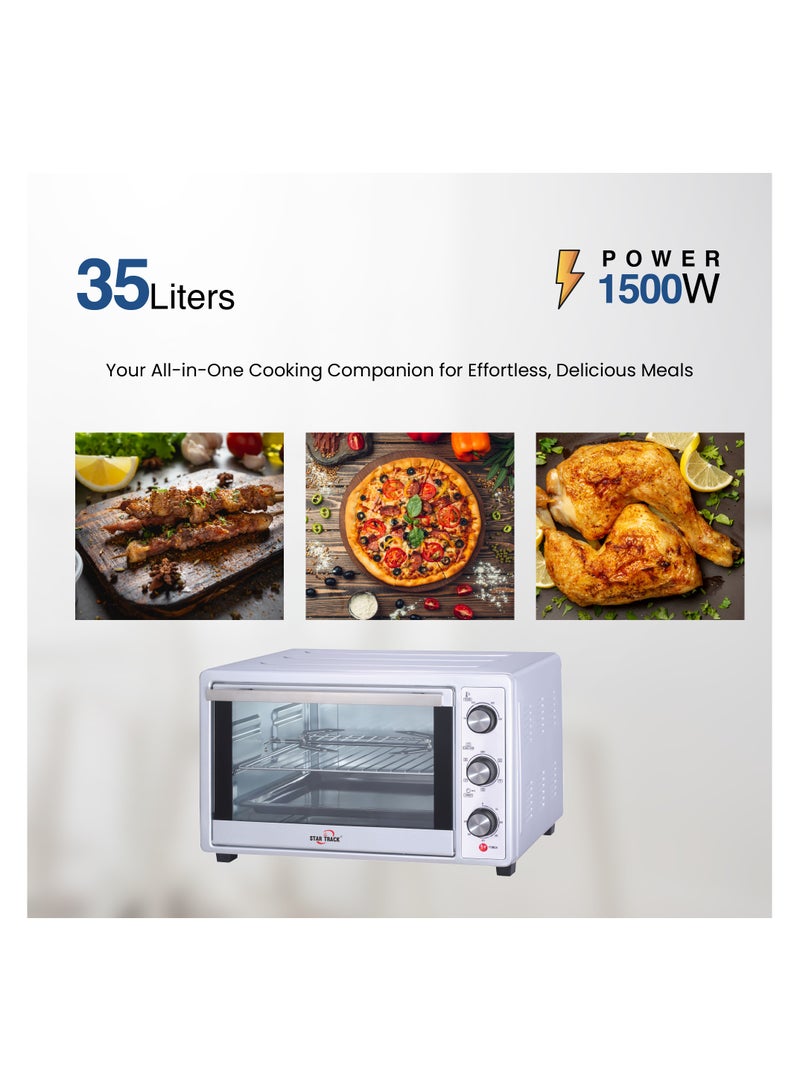 STAR TRACK 35L Electric Oven with Rotisserie, Convection, 120-Min Timer, Temperature Control 100°C-250°C, Up/Down and Dual Function, 3 Knob Control, 5 Baking Accessories, Stainless Steel Body and Handle, 1500W