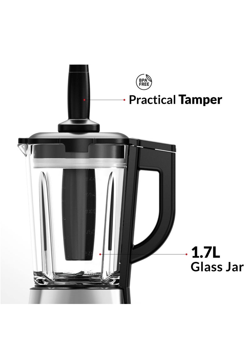 Feller Germany 1200W Blender + Grinder Mill, 1.7L Glass Jar, 2x Safety Lock, Ice Crush/Smoothie/Pulse, Tamper, Variable Speed, 6-Finned Blade, BLG1200, (Stainless Steel)