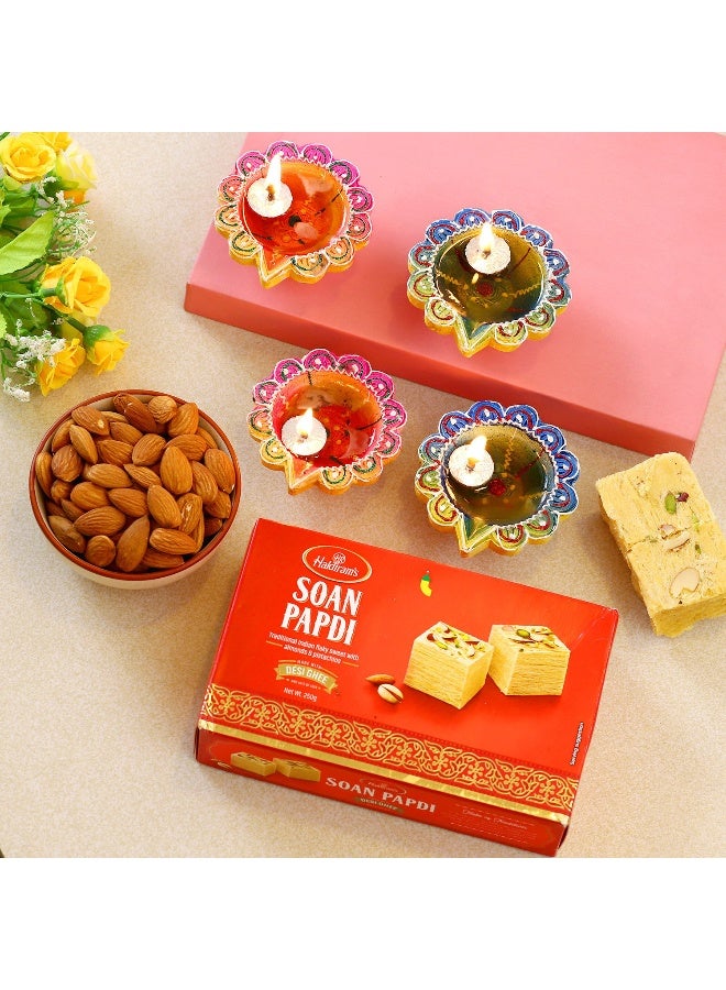 Multi Color Diyas With Soan Papdi And Almond