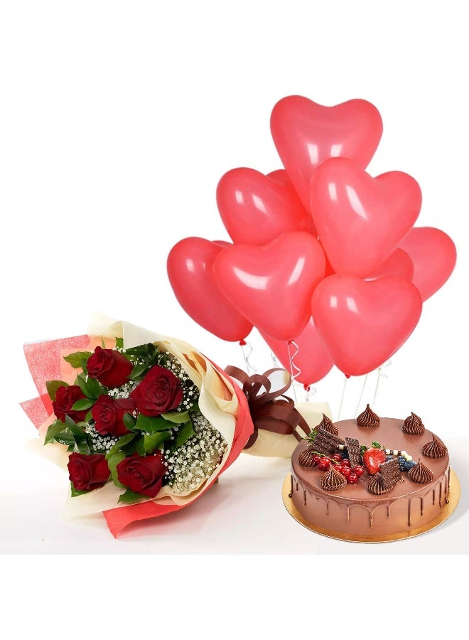 Red Heart Shape Balloons With Fresh Flowers And Fudge Cake