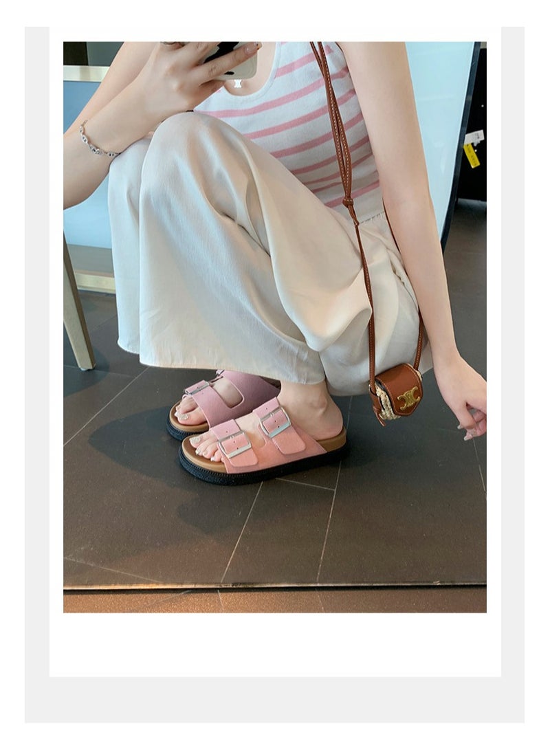 Women's Summer Sandal Slippers Holiday Retro Casual Thick Bottom Double Buckle Strap Slippers Outer Wear