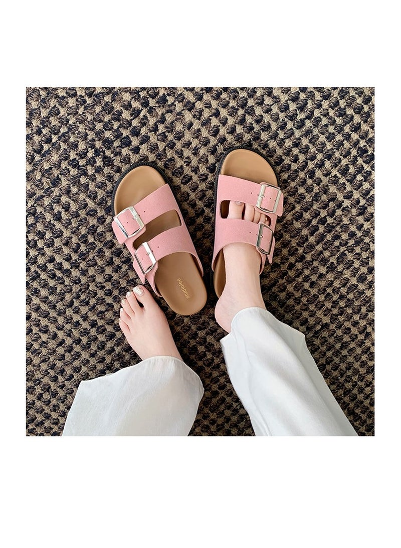 Women's Summer Sandal Slippers Holiday Retro Casual Thick Bottom Double Buckle Strap Slippers Outer Wear