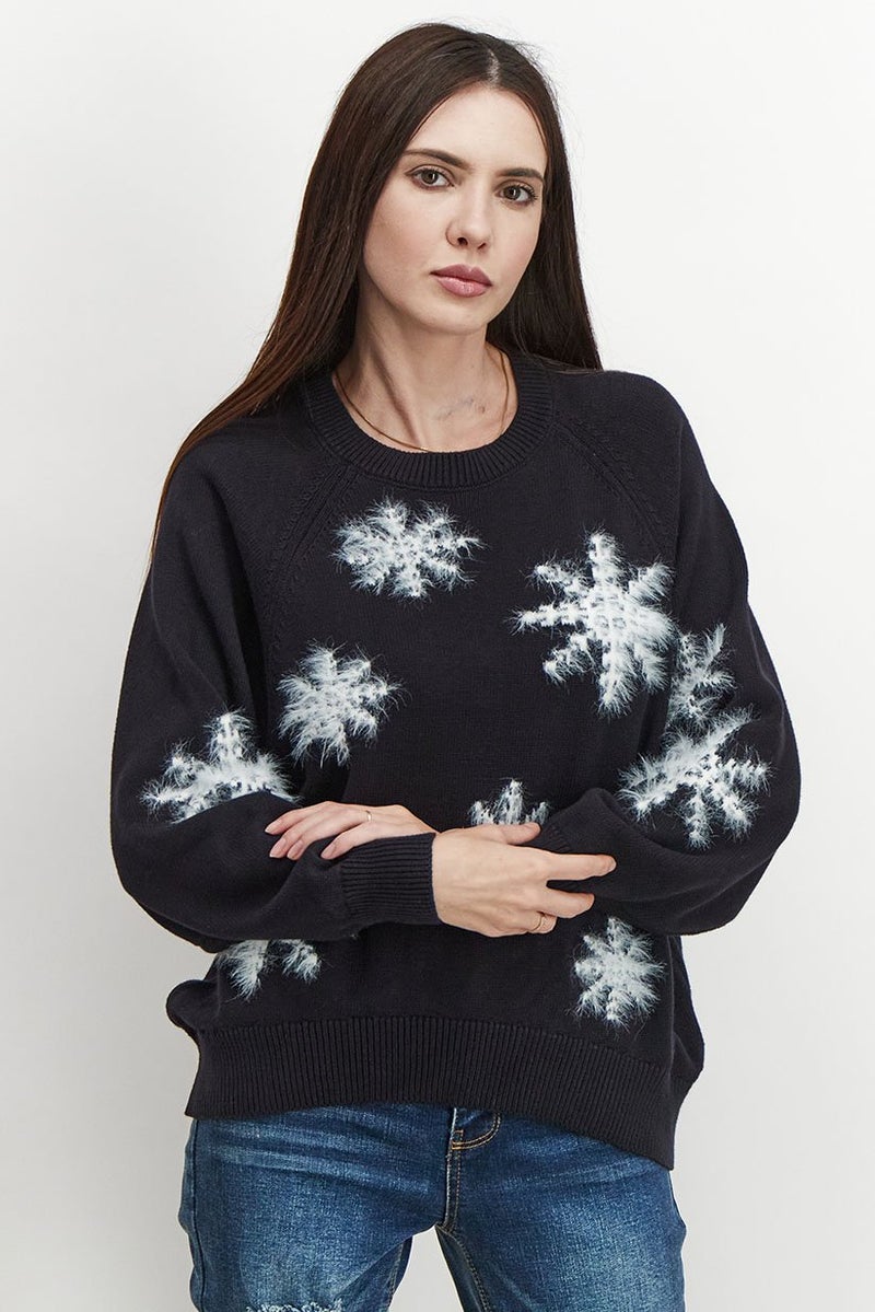 Women Round Neckline Long Sleeve Textured Sweater, Black/White Combo