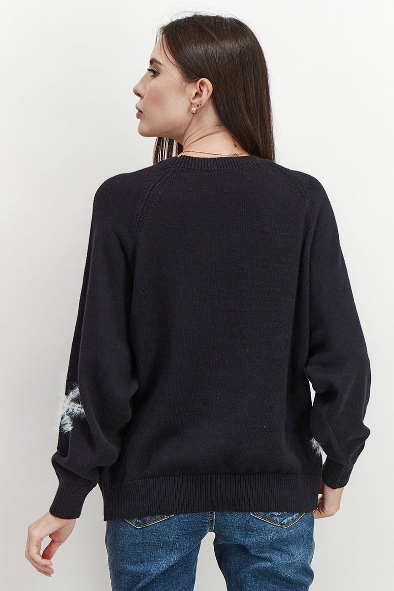 Women Round Neckline Long Sleeve Textured Sweater, Black/White Combo