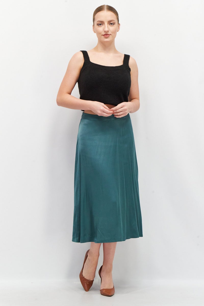 Women Solid Midi Skirt, Green