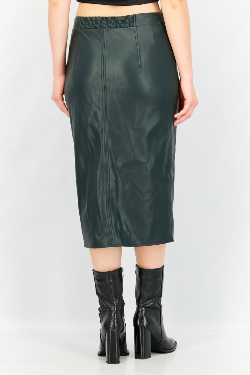 Women Solid Leather Midi Skirt, Dark Olive