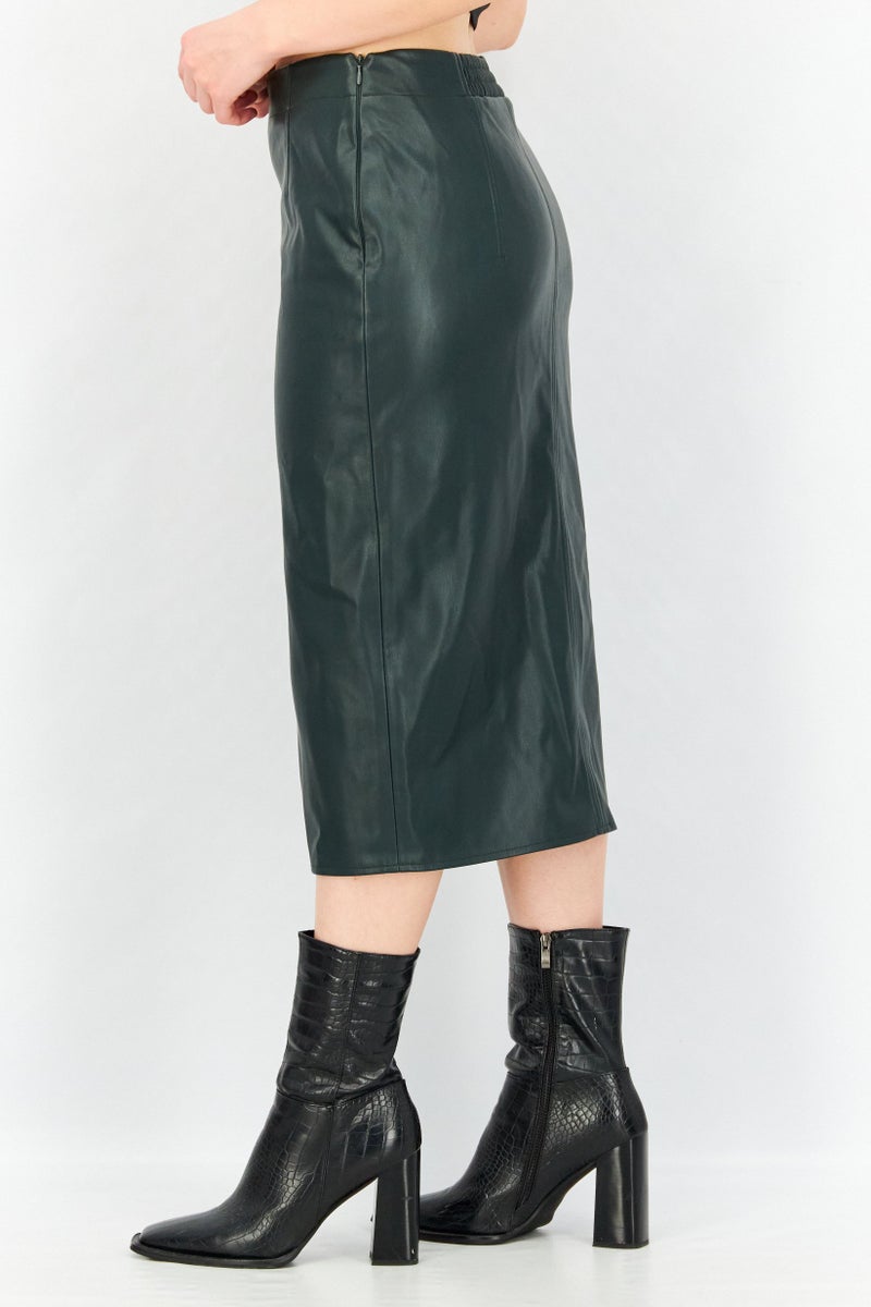 Women Solid Leather Midi Skirt, Dark Olive