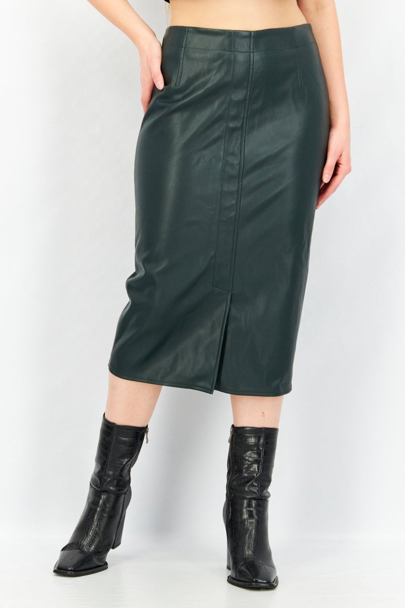 Women Solid Leather Midi Skirt, Dark Olive