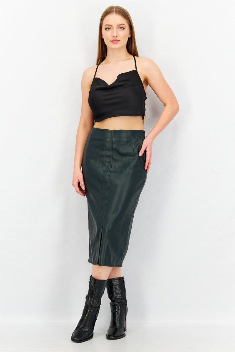 Women Solid Leather Midi Skirt, Dark Olive