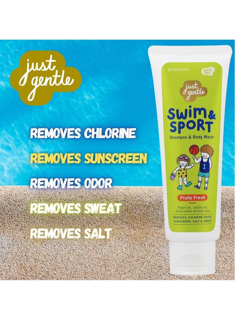 Just Gentle Swim & Sport Shampoo and Body Wash - Fruity Fresh, Washes Away Chlorine, Salt, Sweat & Odor, Enriched with Argan Oil, Jojoba Oil, Shea Butter & Aloe Vera, 180ml