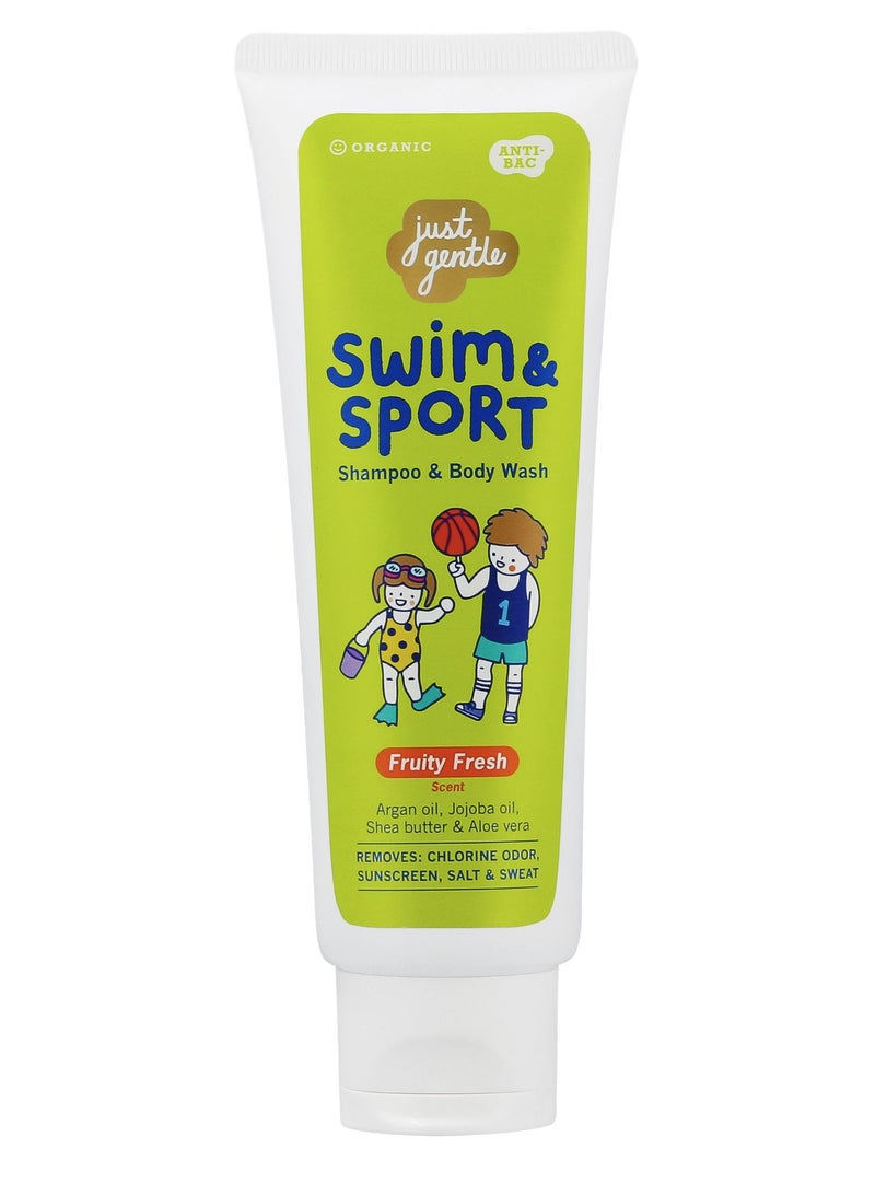 Just Gentle Swim & Sport Shampoo and Body Wash - Fruity Fresh, Washes Away Chlorine, Salt, Sweat & Odor, Enriched with Argan Oil, Jojoba Oil, Shea Butter & Aloe Vera, 180ml