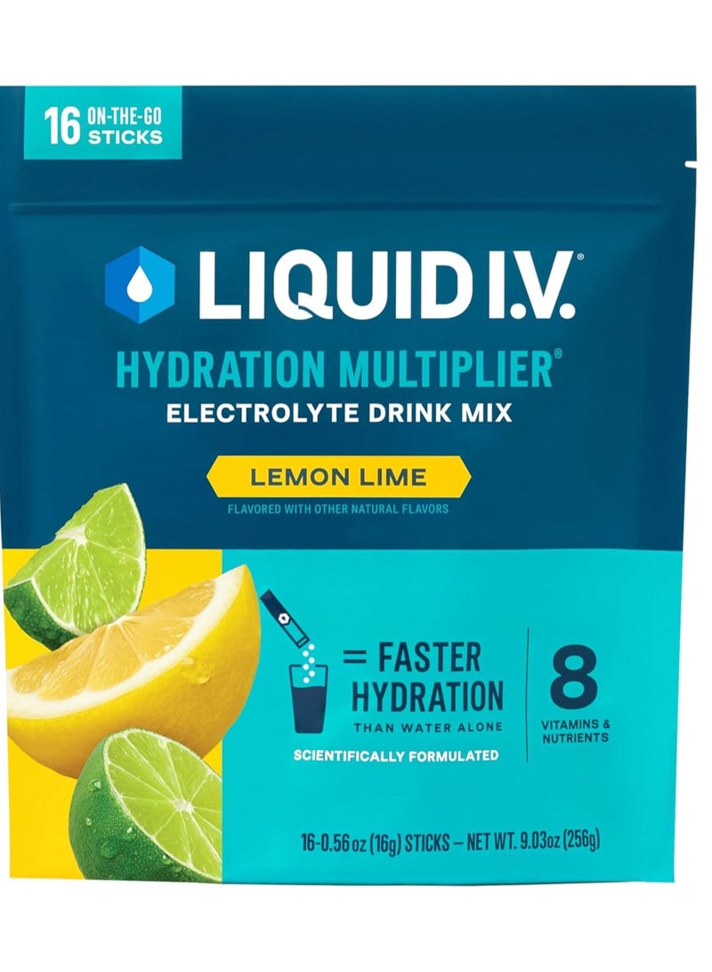 Liquid I.V. Hydration Multiplier Electrolyte Drink Mix, Lemom Lime, 16 Sticks, 256g