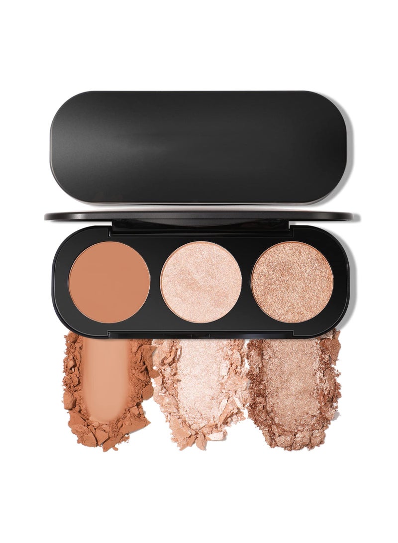 3-in-1 Blush and Highlighter Palette, Cruelty-Free Matte Blush and Shimmering Highlighters for a Radiant Glow, Perfect Makeup Powder for All Skin Tones.