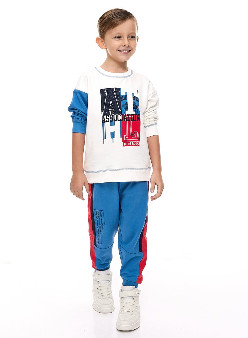 Boys' 2-Piece Sets -Off white Sweatshirt with contast blue sleeves and Blue/Red cut & sew Jogger Set  (2 -8 yrs)