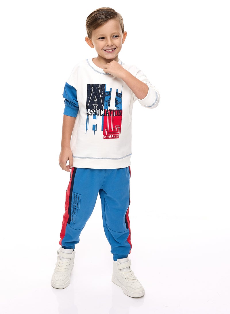 Boys' 2-Piece Sets -Off white Sweatshirt with contast blue sleeves and Blue/Red cut & sew Jogger Set  (2 -8 yrs)