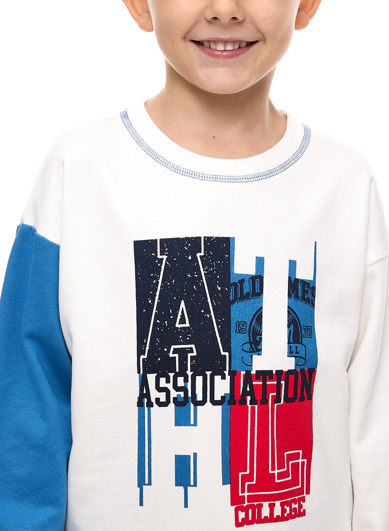 Boys' 2-Piece Sets -Off white Sweatshirt with contast blue sleeves and Blue/Red cut & sew Jogger Set  (2 -8 yrs)