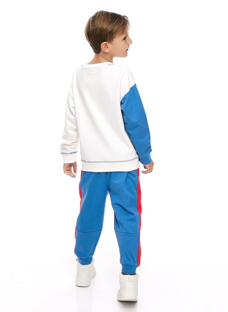 Boys' 2-Piece Sets -Off white Sweatshirt with contast blue sleeves and Blue/Red cut & sew Jogger Set  (2 -8 yrs)