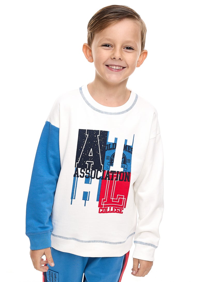 Boys' 2-Piece Sets -Off white Sweatshirt with contast blue sleeves and Blue/Red cut & sew Jogger Set  (2 -8 yrs)