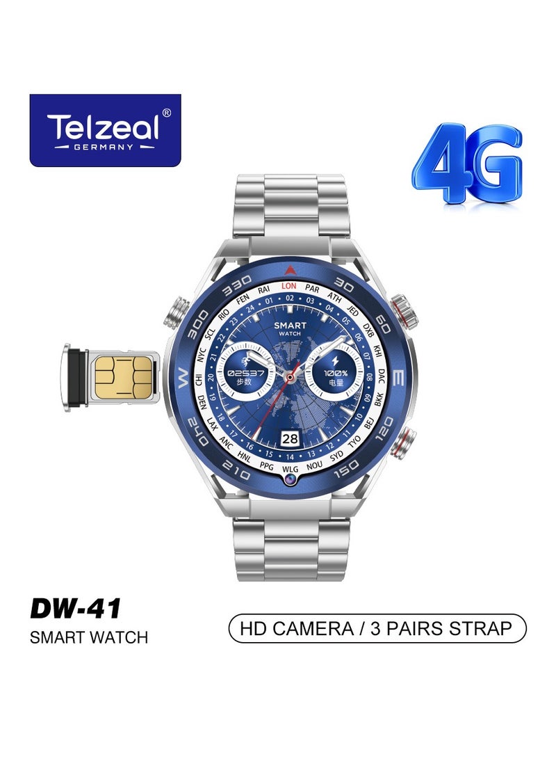 Telzeal Germany DW-41 4GB+64GB 1.53 Inch Full Curved Display, 4G Smart Watch With Sim Slot Front Camera and 3 Pair Straps For Gents and Boys