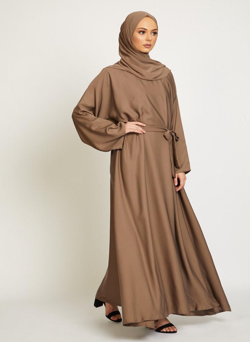 Brown Nida Tie-Up Belted Abaya with Hijab