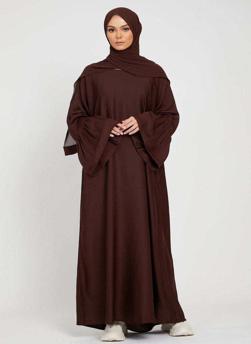 Brown Nida Pleated Bell Sleeve Abaya with Hijab