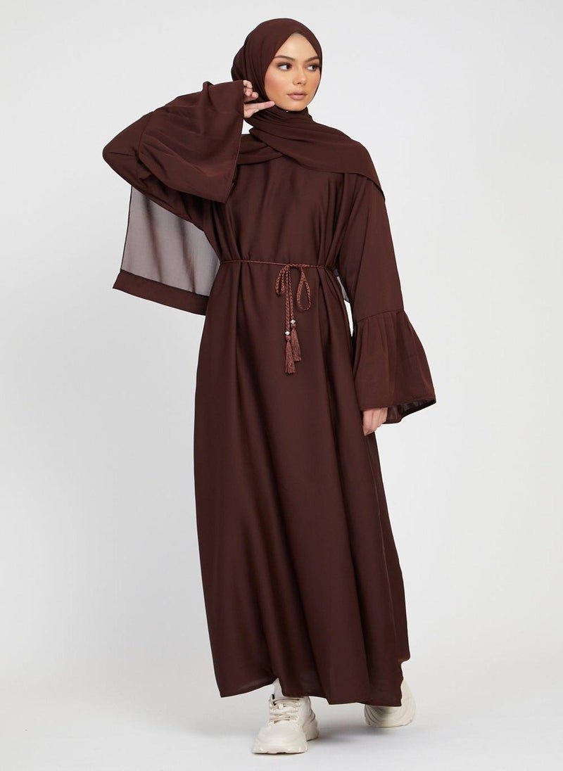 Brown Nida Pleated Bell Sleeve Abaya with Hijab