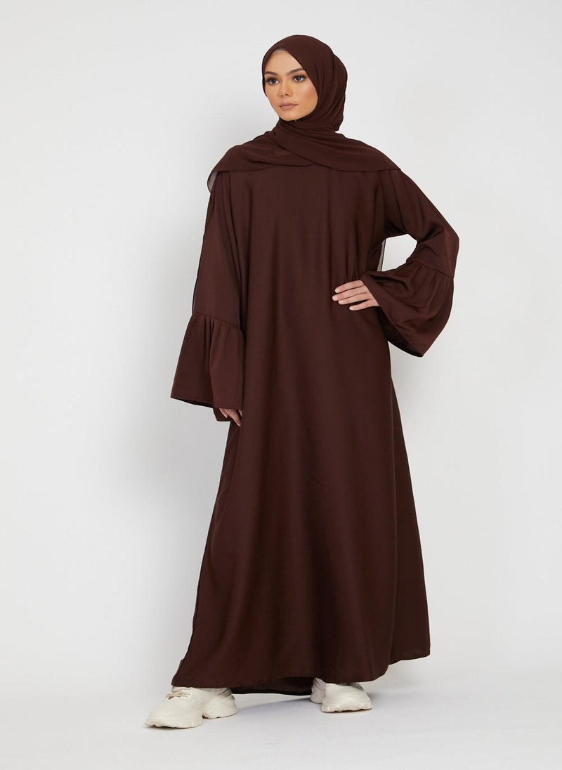 Brown Nida Pleated Bell Sleeve Abaya with Hijab